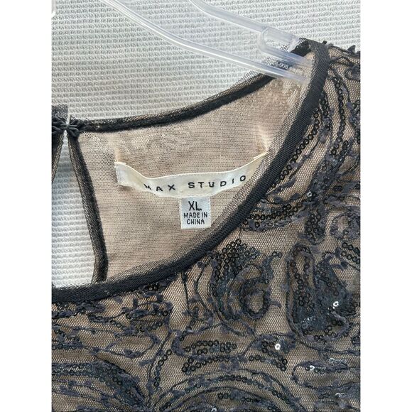 Max Studio XL Black Sequin Sleeveless Lace Floral Mesh Top Nude Lining Holiday - Picture 5 of 9